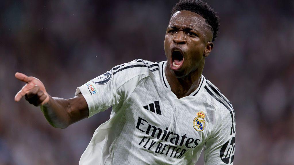 Vinicius Jr celebrates scoring.