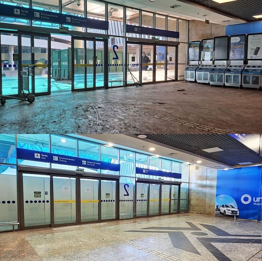 Terminal de passageiros do aeroporto de Porto Alegre antes e depois da limpeza