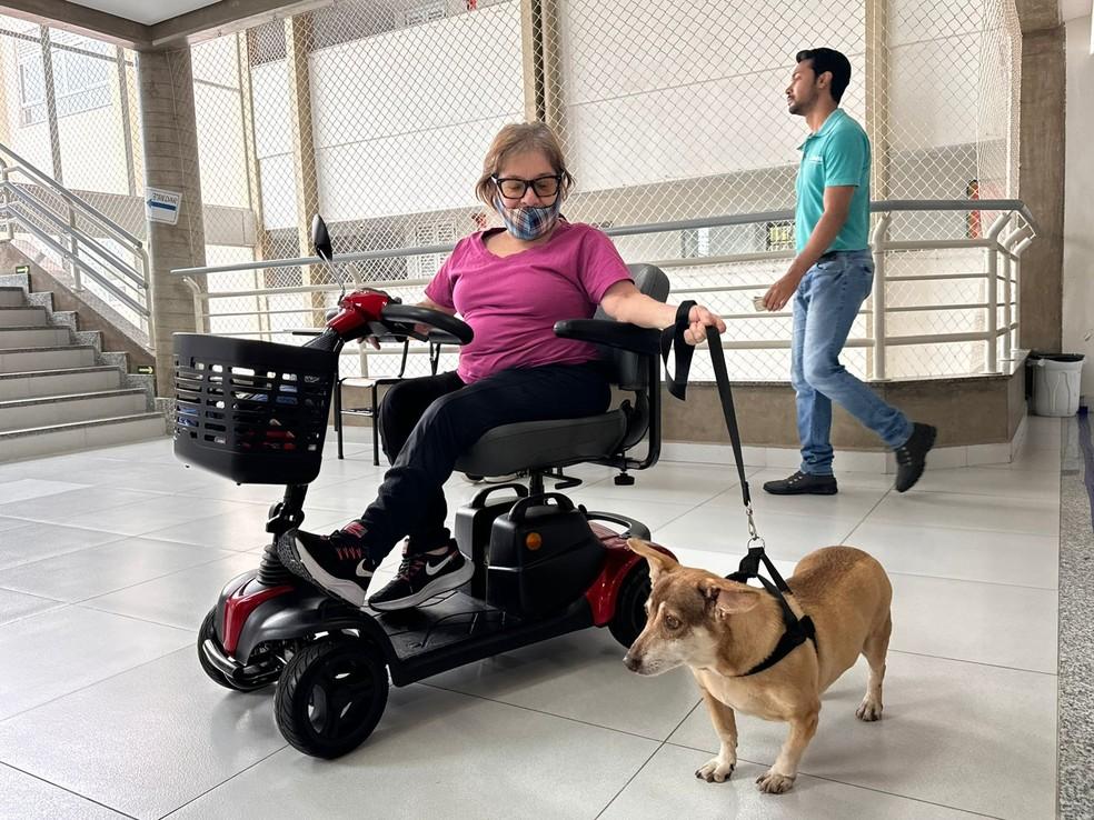 A pedagoga Edione Augusto foi votar com seu cão, o Ariel, em Jundiaí (SP)