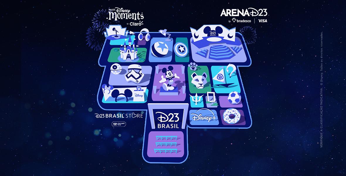 Diagrama dos Momentos Disney e Arena D23 com ícones temáticos