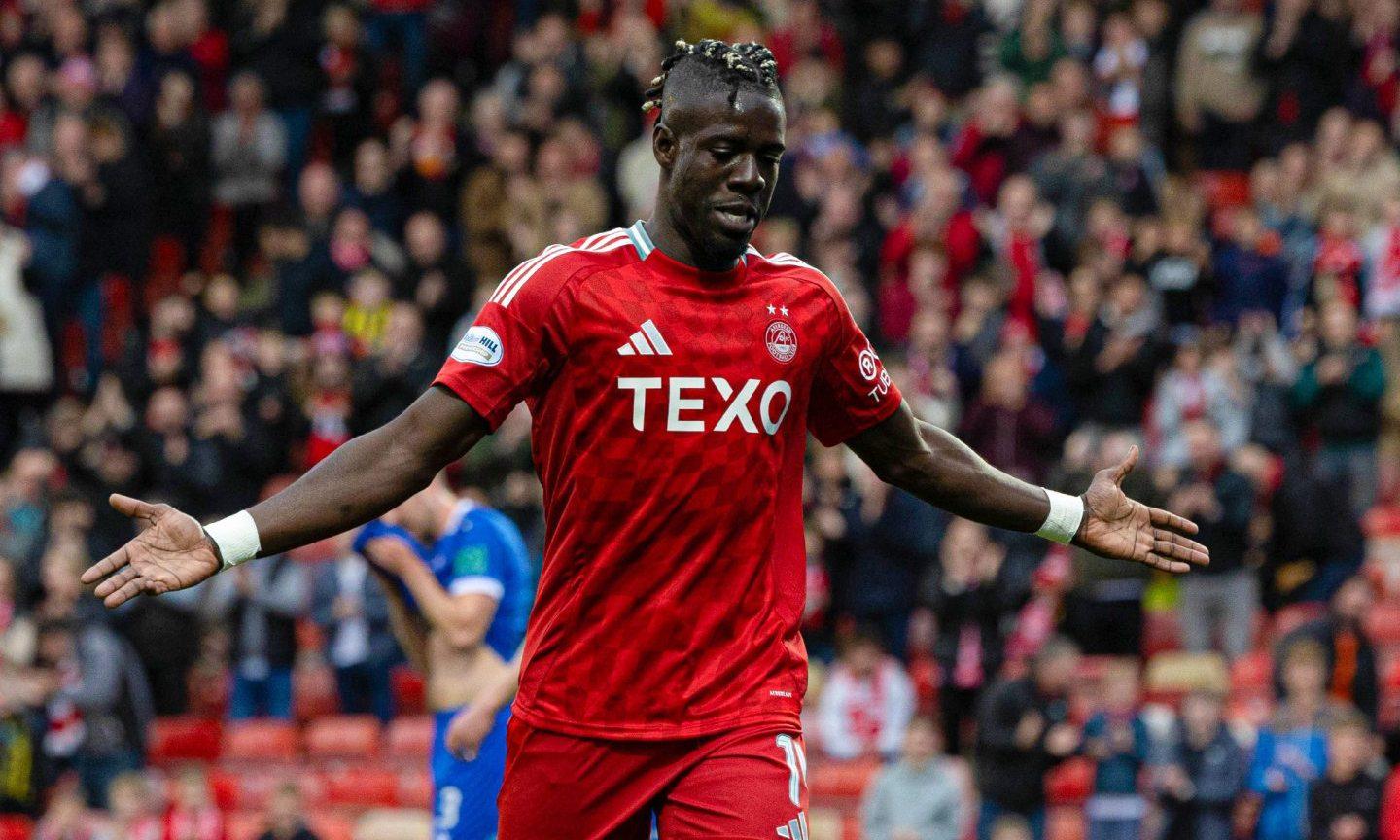 Aberdeen's Pape Gueye celebrates scoring to make it 1-0 during a Premier Sports Cup quarter-final match against Spartans.