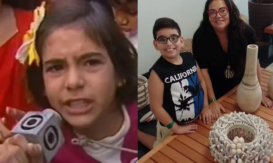 Patricia Veloso na infância e, à direita, com o filho Davi, de 9 anos.