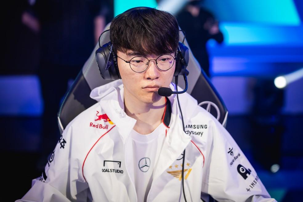 Faker, jogador do time de LoL da T1, em partida de estreia no Worlds 2024