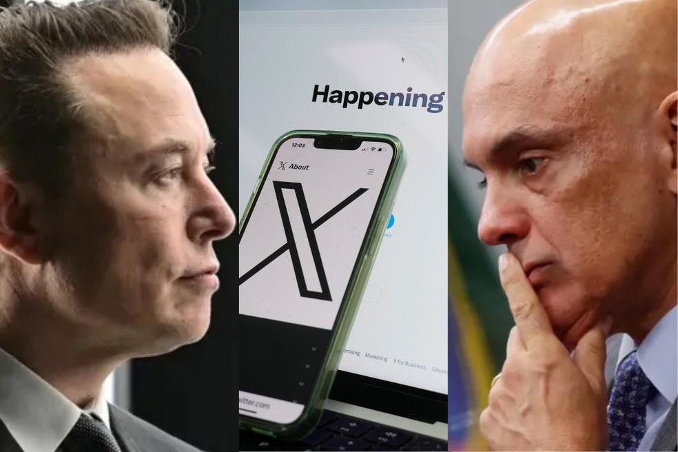 Plataforma X do bilionário Elon Musk (à esquerda) continua suspensa por determinação do ministro do STF Alexandre de Moraes (à direita)