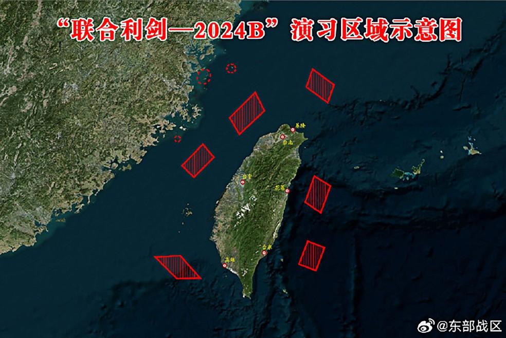 Mapa de locais dos exercícios militares conduzidos pela China ao redor de Taiwan