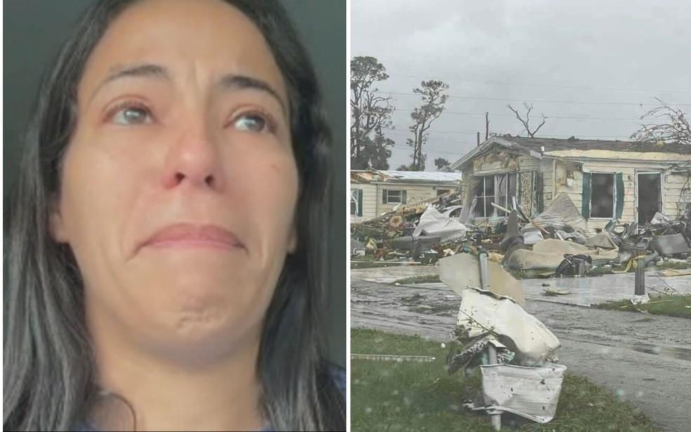 Jornalista Sheila Azevedo e destruição em cidade da Flórida após passagem do furacão Milton