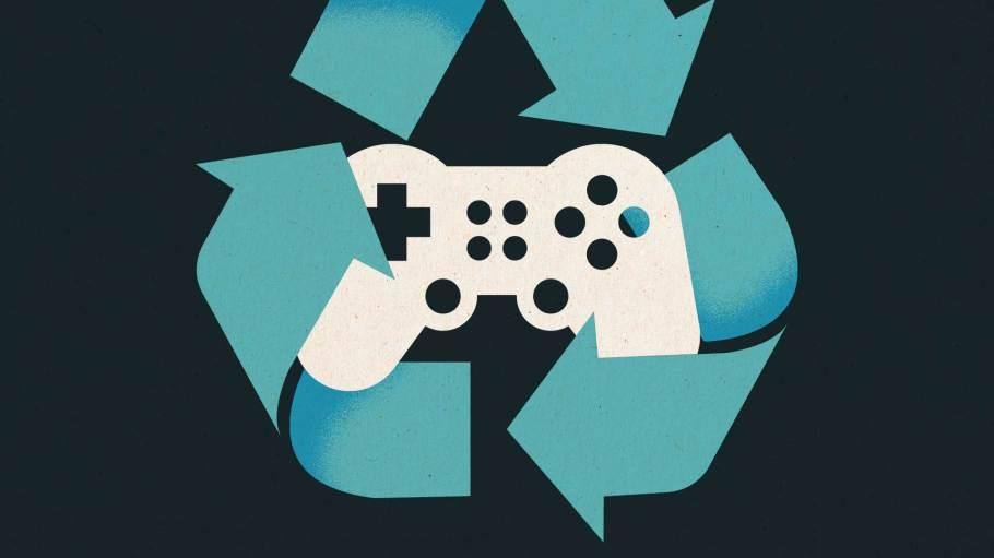Ilustração de um controlador de videogame cercado por um ícone de reciclagem.