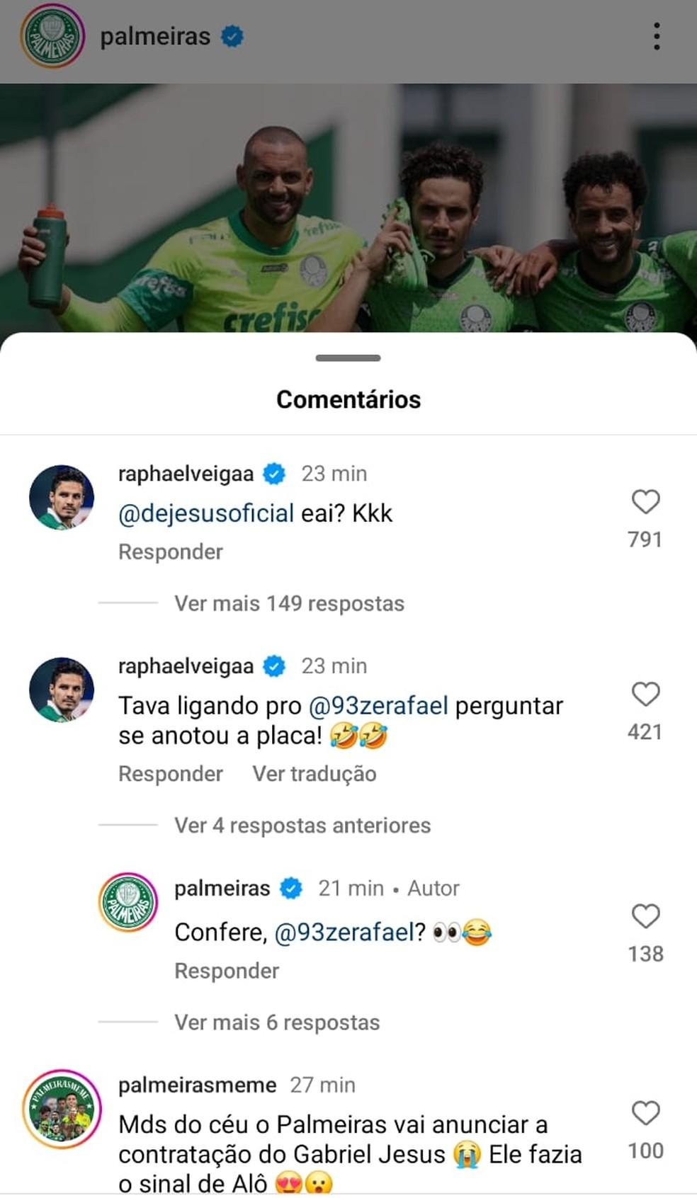 Veiga cita Gabriel Jesus em foto do Palmeiras