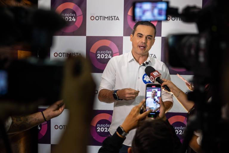 Capitão Wagner, candidato do União Brasil à Prefeitura de Fortaleza, dá entrevista antes do início de debate realizado pelo grupo O Otimista.