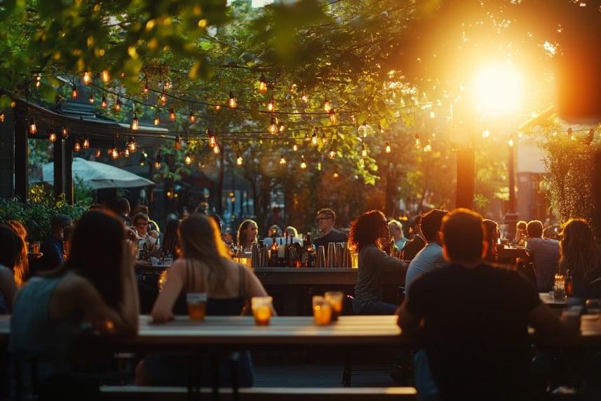 Pessoas reunidas em um ambiente ao ar livre aproveitando a luz do dia