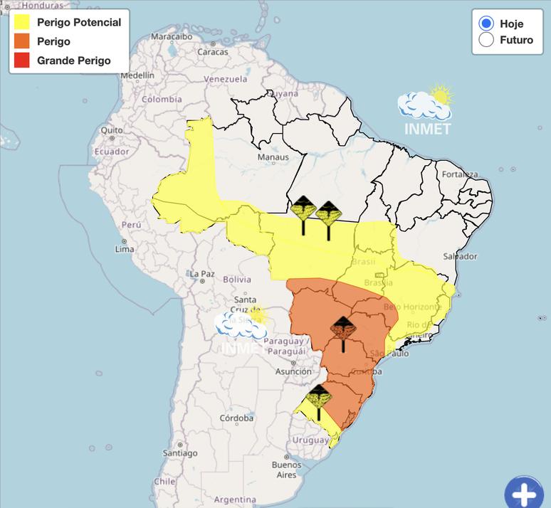 Inmet emitiu alerta laranja para tempestades e alerta amarelo para chuvas intensas em boa parte do território.