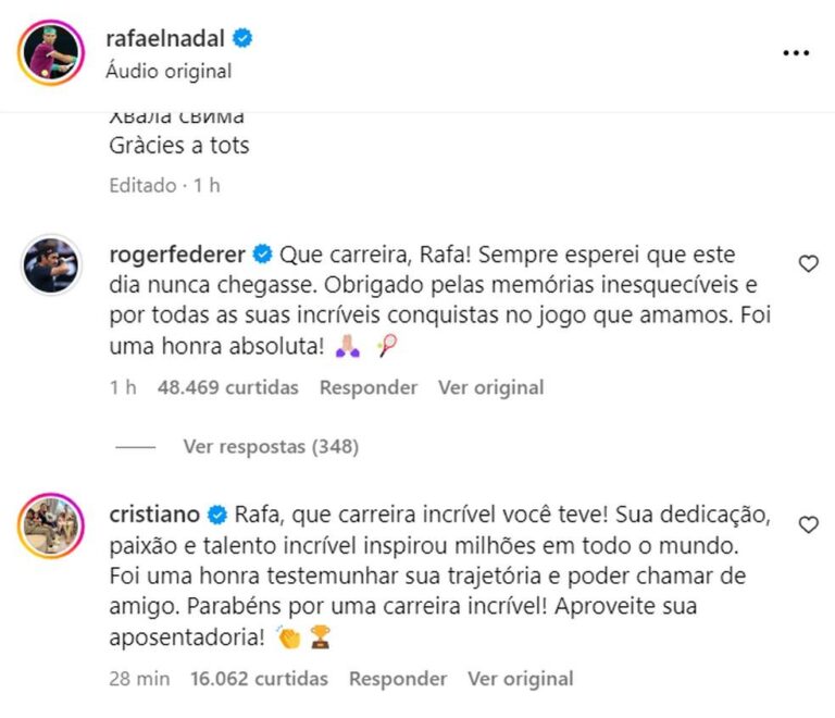 Roger Federer e Cristiano Ronaldo Prestam Homenagem a Rafael Nadal em Sua Aposentadoria