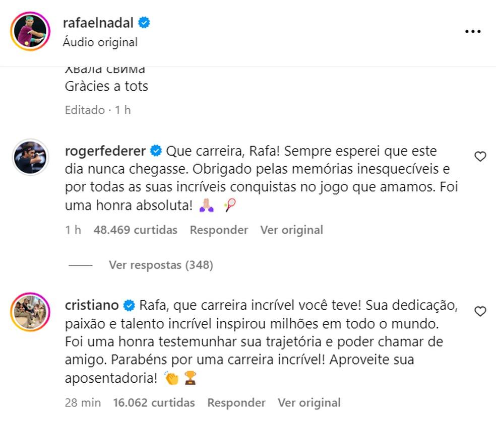 Federer e Cristiano Ronaldo exaltam Nadal: 'Que carreira incrível'