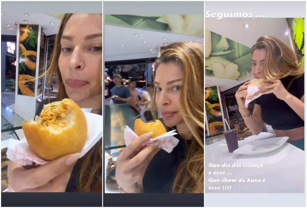 Grazi Massafera comendo coxinha e sanduíche no Rio de Janeiro