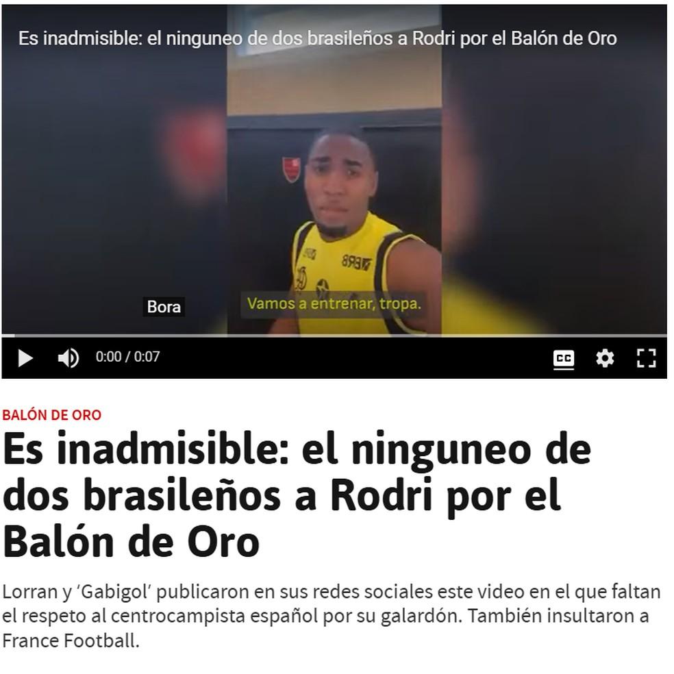 Jornal 'As' reage a críticas de Lorran e Gabigol a Rodri