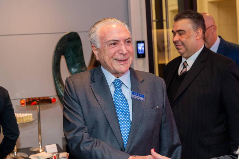 O ex-presidente Michel Temer durante café da manhã com executivos em julho de 2024.