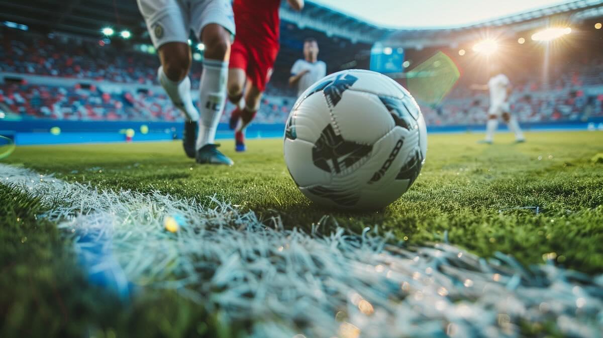 Jogadores em campo durante partida de futebol no estádio