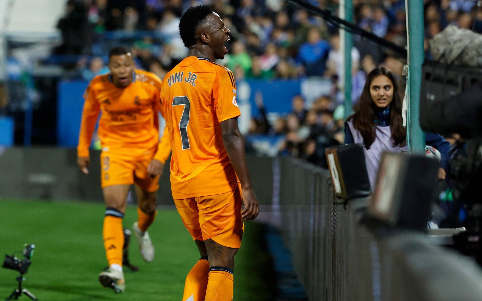 Vini Jr. e Mbappé durante jogo pelo Real Madrid.