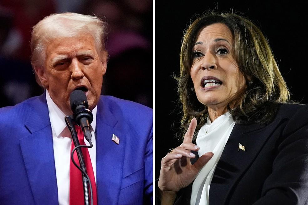 Donald Trump e Kamala Harris durante campanha presidencial para as eleições de 2024, nos EUA.