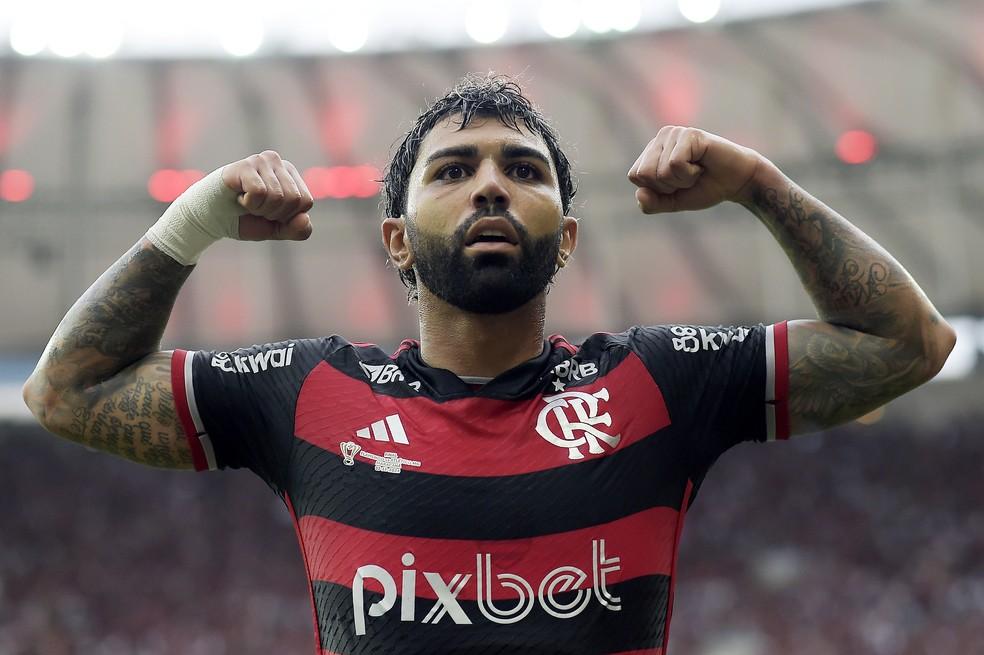 Gabigol comemora gol em Flamengo x Atlético-MG — Foto: Alexandre Loureiro/AGIF