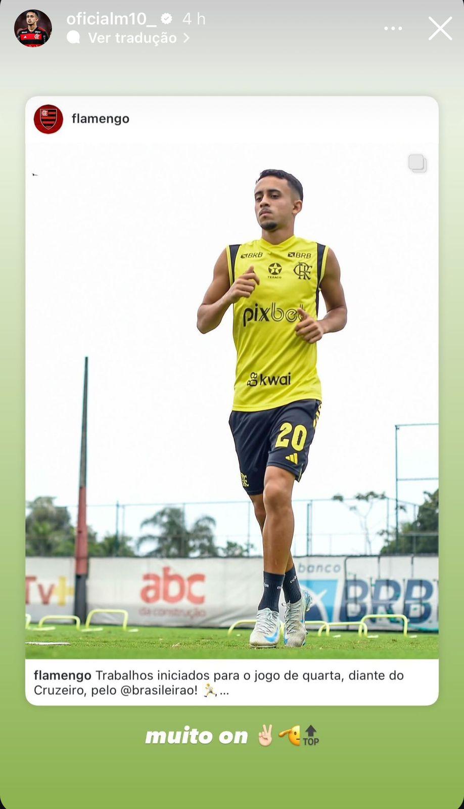 Matheus Gonçalves, jogador do Flamengo, publicou story em rede social após treino no Ninho do Urubu.