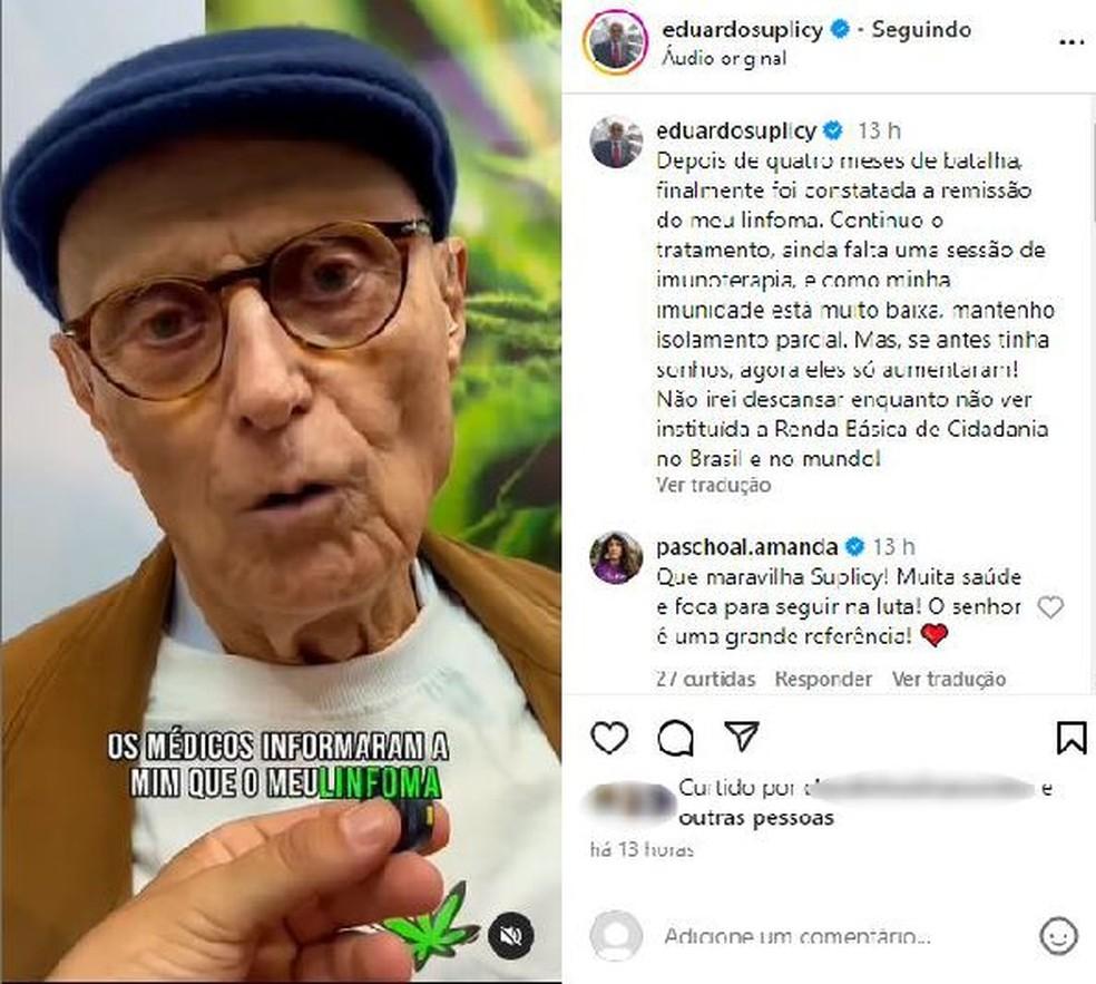 Eduardo Suplicy usou seu Instagram para dizer que está em remissão do câncer linfático diagnosticado em julho