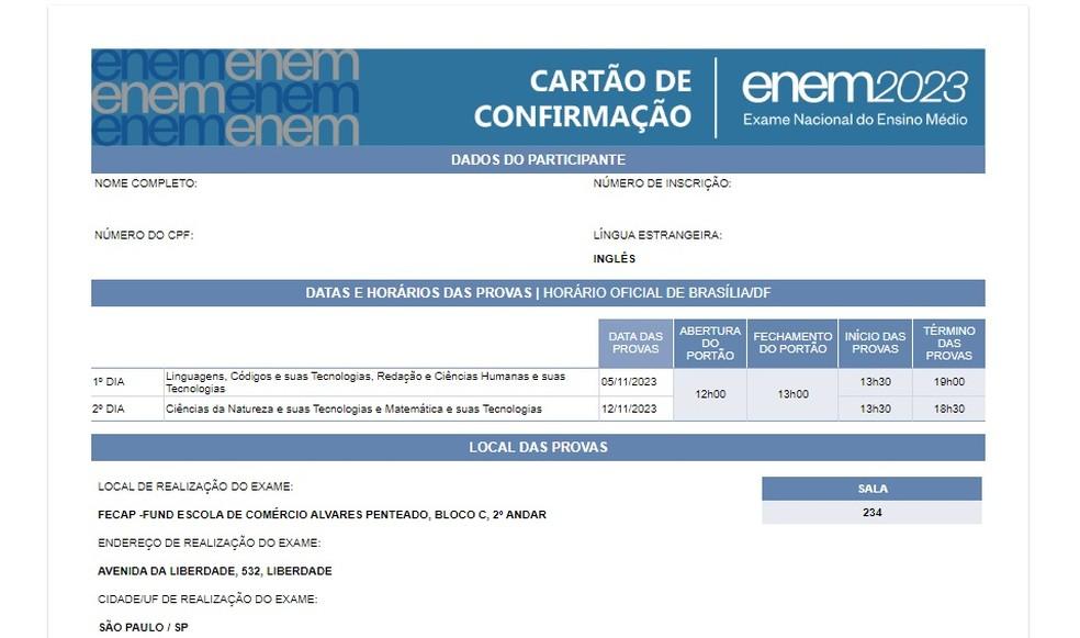 Exemplo de cartão de confirmação do Enem 2024