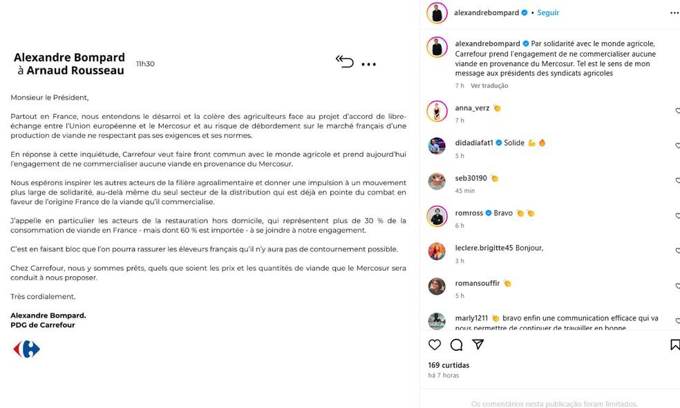 CEO do Carrefour, Alexandre Bompard, comunicando a suspensão de carne do Mercosul.