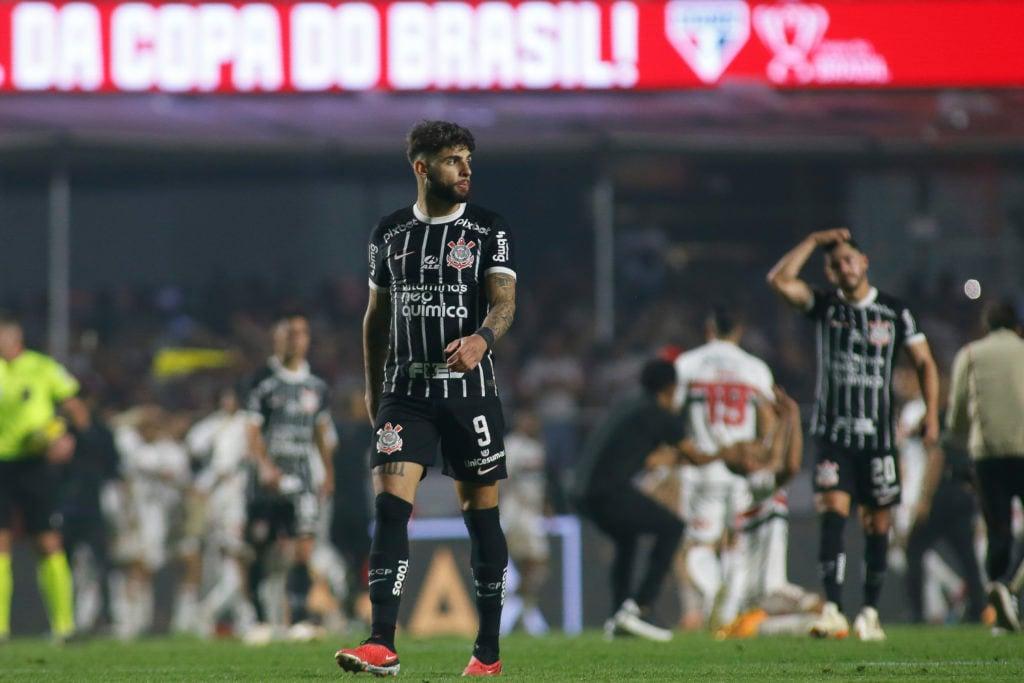 Yuri Alberto of Corinthians reacts after losing a semifinal second leg match between Sao Paulo and Corinthians as part of Copa do Brasil 2023.