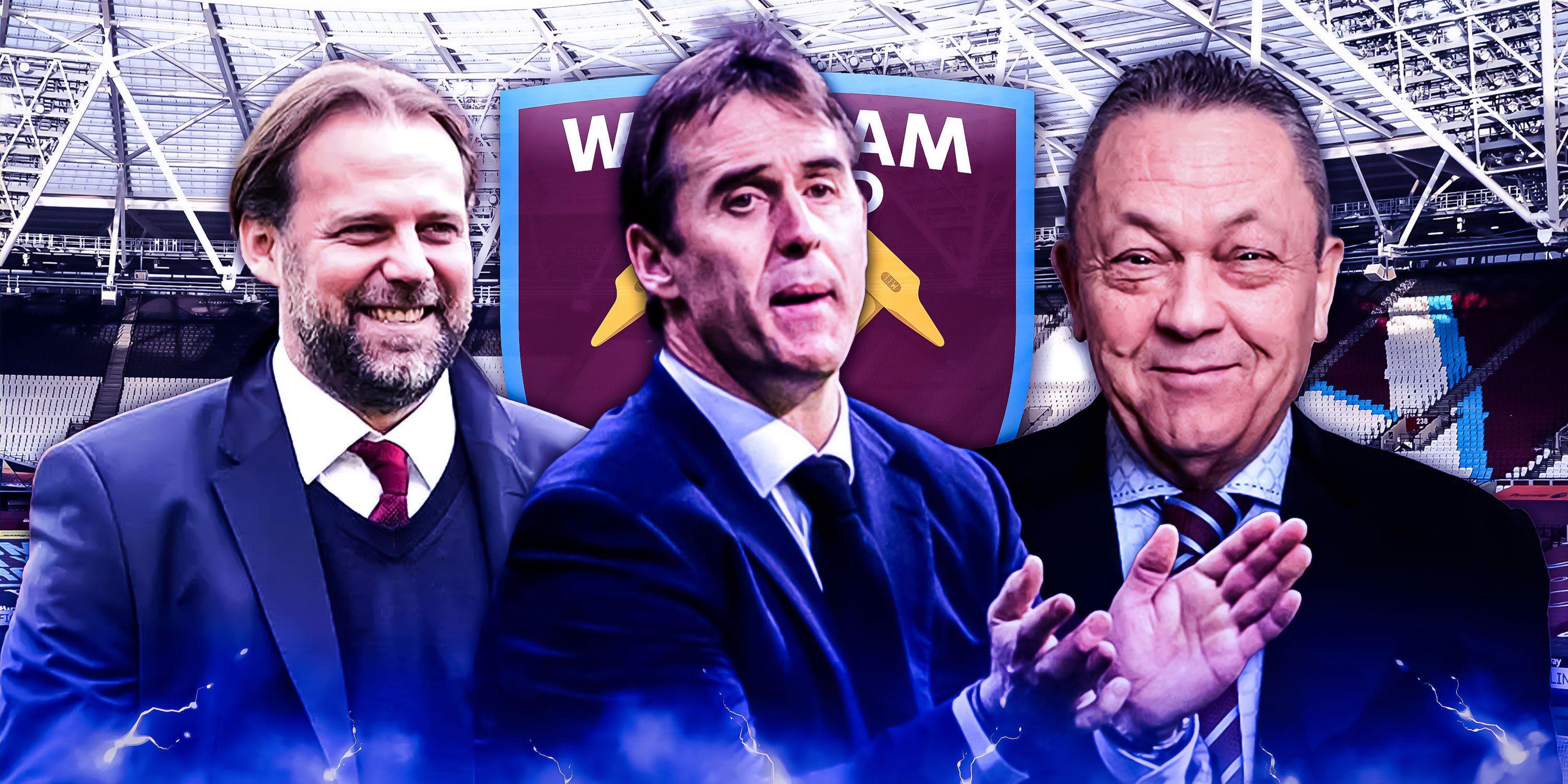 West Ham United technical director Tim Steidten, incoming boss Julen Lopetegui and chairman David Sullivan.