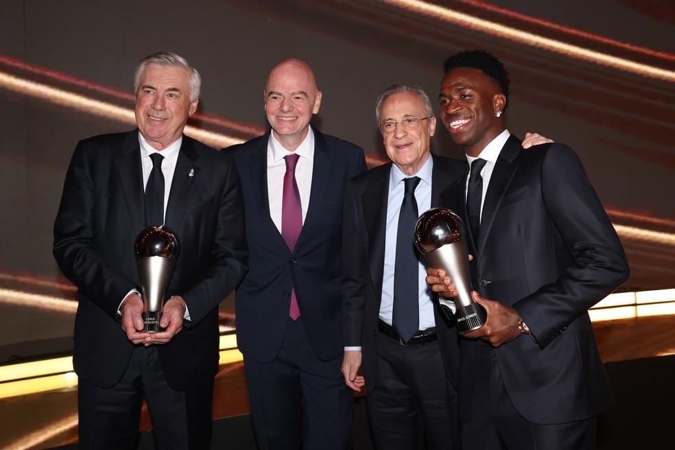 Carlo Ancelotti, Infantino, Florentino Perez e Vini Jr