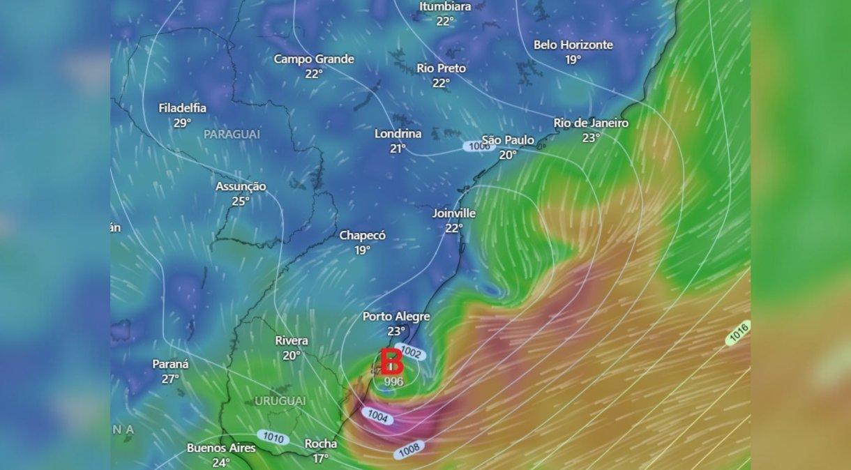 Possibilidade de formação de ciclone subtropical na costa do Sul do Brasil.