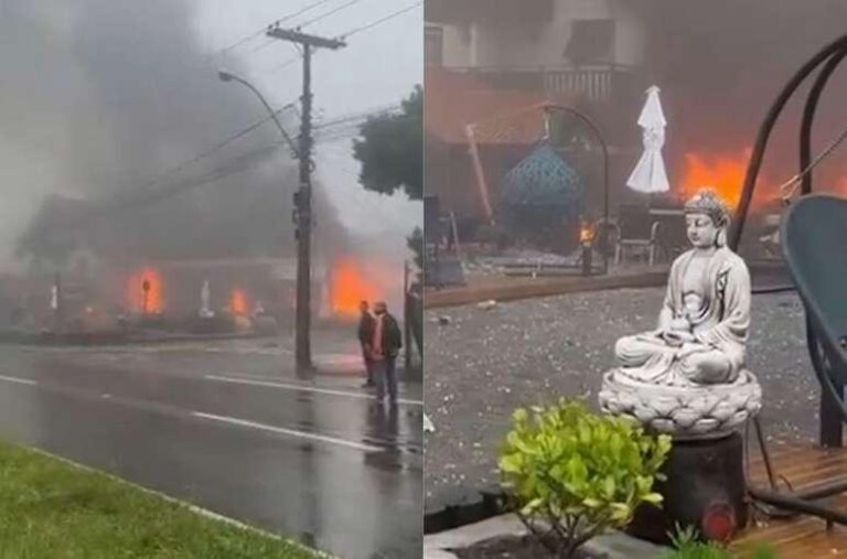 Avião de pequeno porte cai em Gramado e atinge prédio e comércio