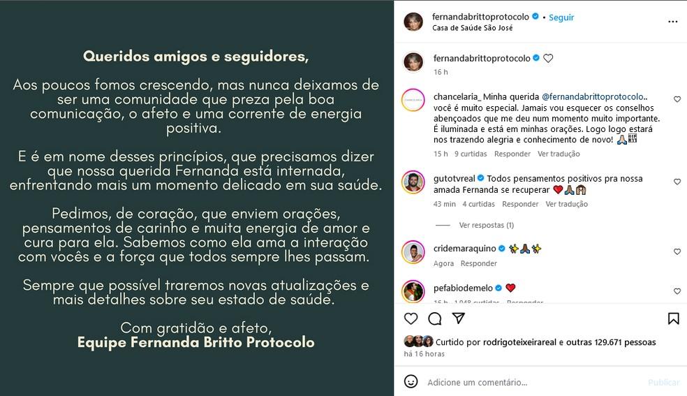 Assessoria de Fernanda Britto pediu orações no Instagram