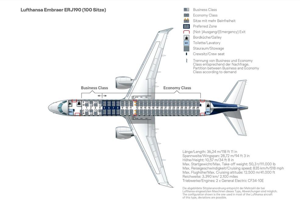 Mapa de lugares da Embraer 190.