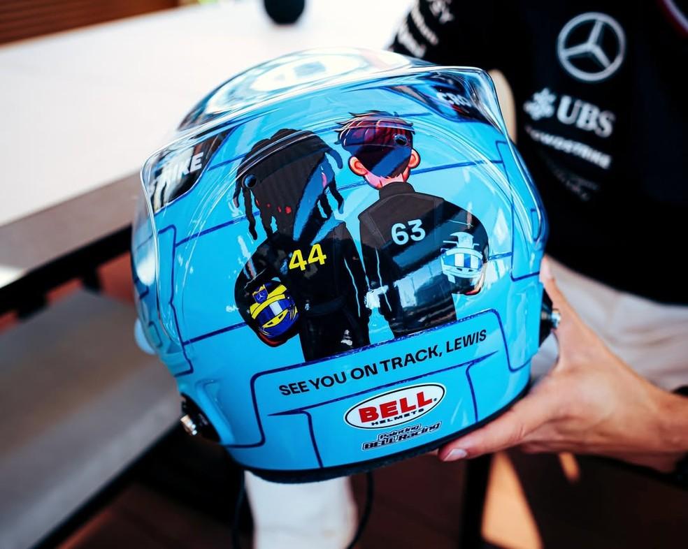 Capacete de George Russell homenageia Lewis Hamilton, na despedida do veterano da Mercedes, no GP de Abu Dhabi da F1 2024