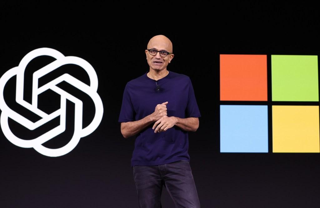 Microsoft CEO Satya Nadella speaks during the OpenAI DevDay event