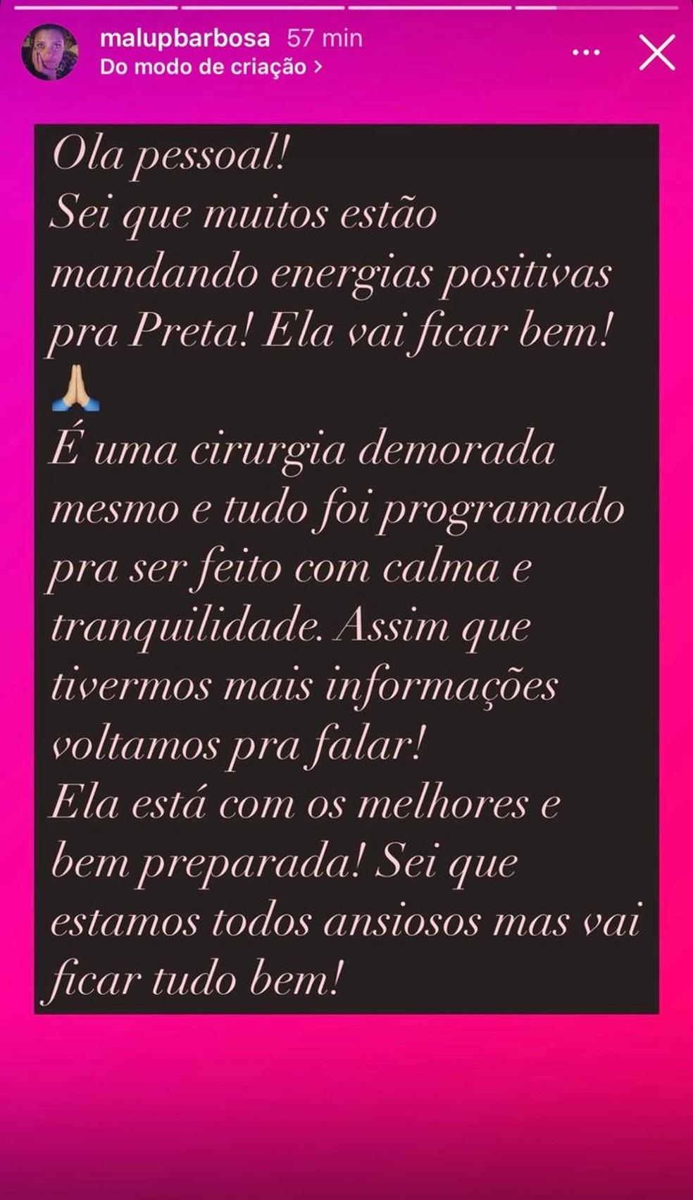 Malu Barbosa atualiza amigos de Preta Gil sobre cirurgia