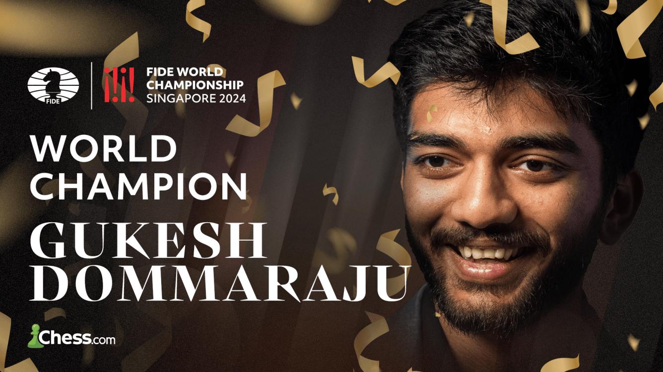 Gukesh Dommaraju se consagrando campeão mundial de xadrez