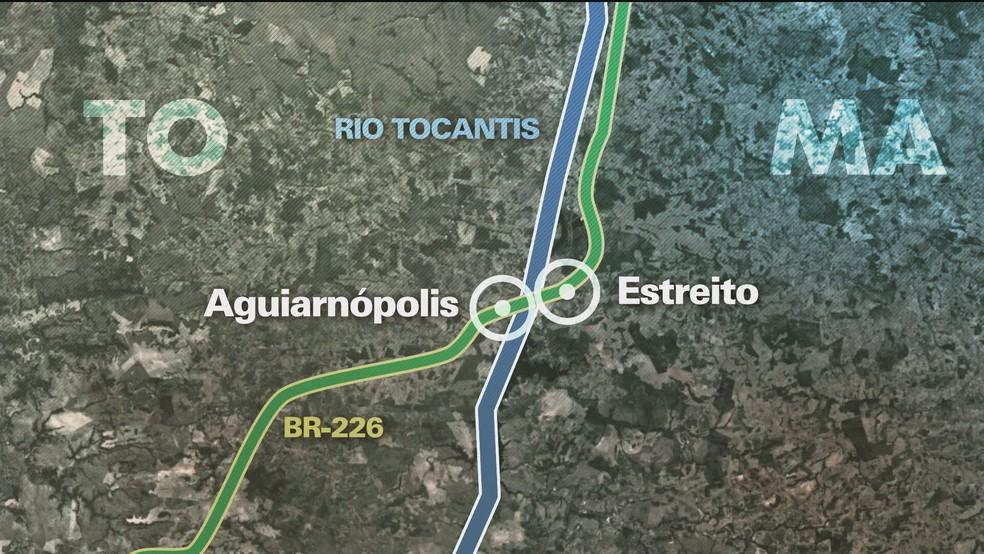 Ponte que caiu passa sobre o rio Tocantins, na BR-226