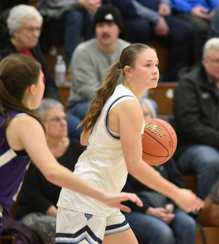 Moravia's Olivia Genson handles the ball Monday at Moravia High School.