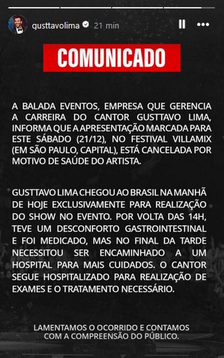 Gusttavo Lima Cancela Show em São Paulo após Mal-estar