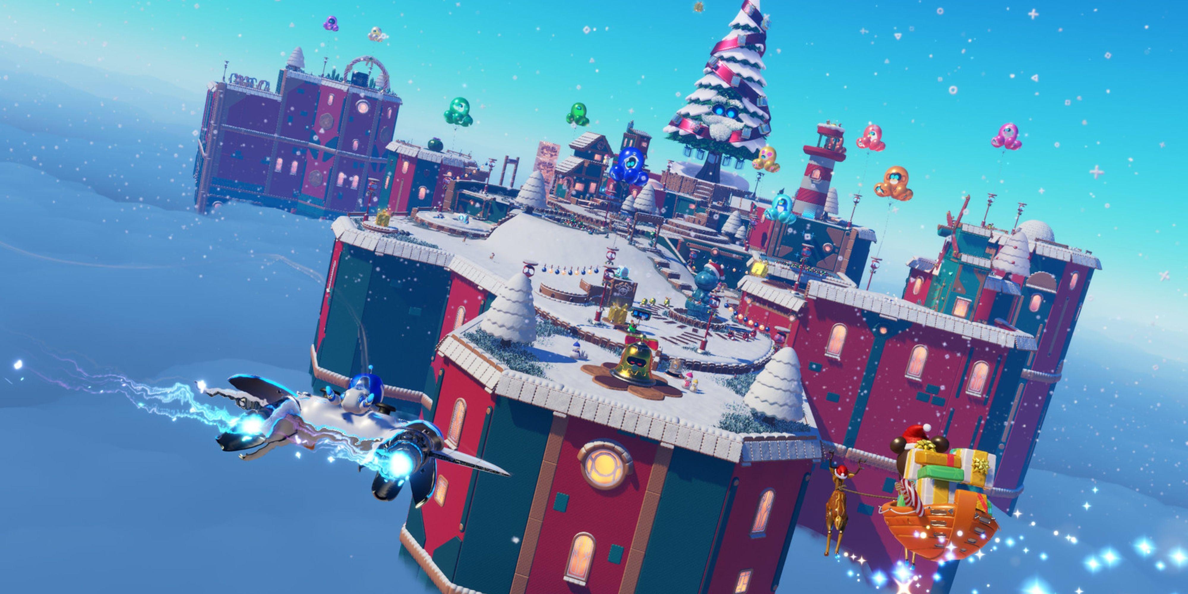 astro bot flying onto the winter wonder dlc level