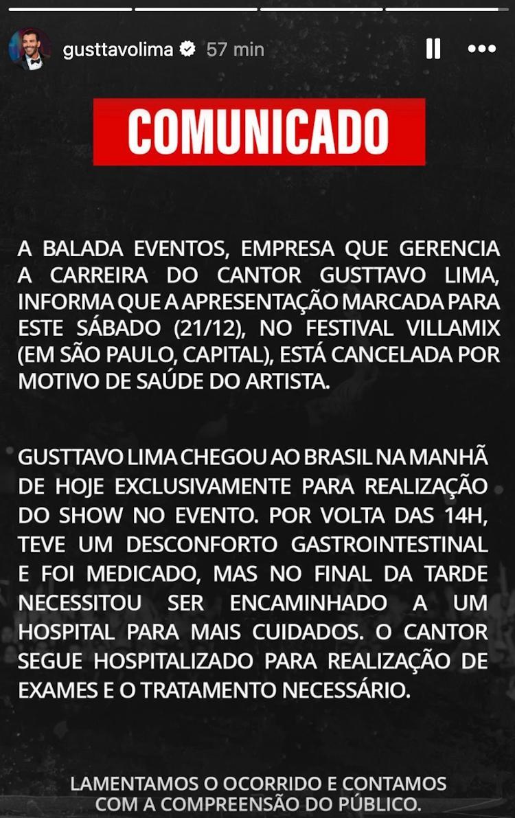 Comunicado de Gusttavo Lima que explica cancelamento do show no VillaMix Festival.