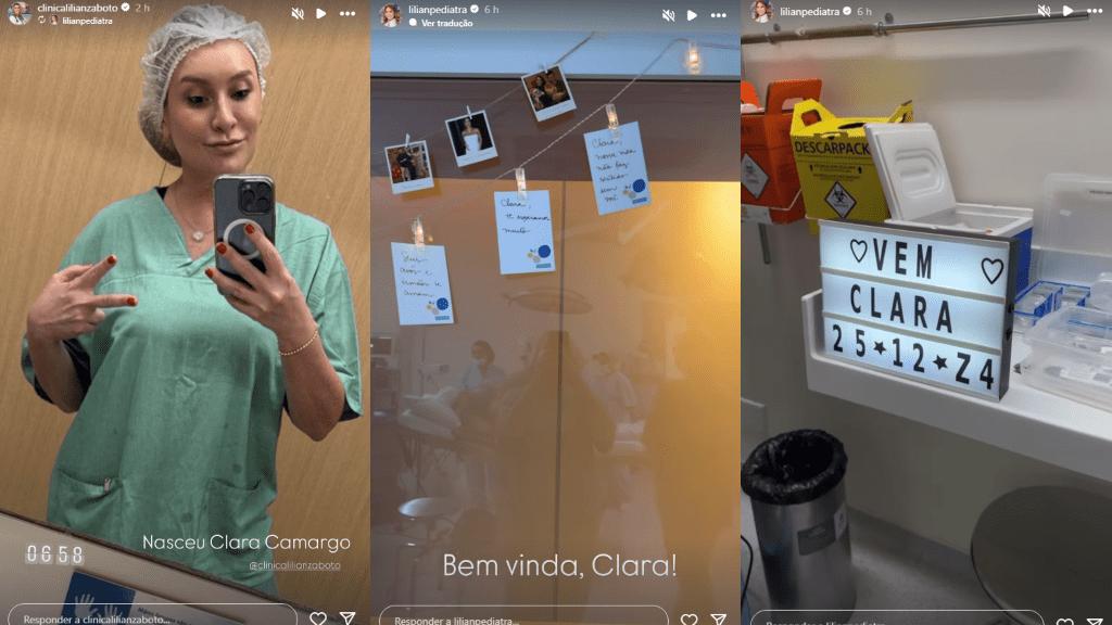 Montagem com os stories do nascimento de Clara.