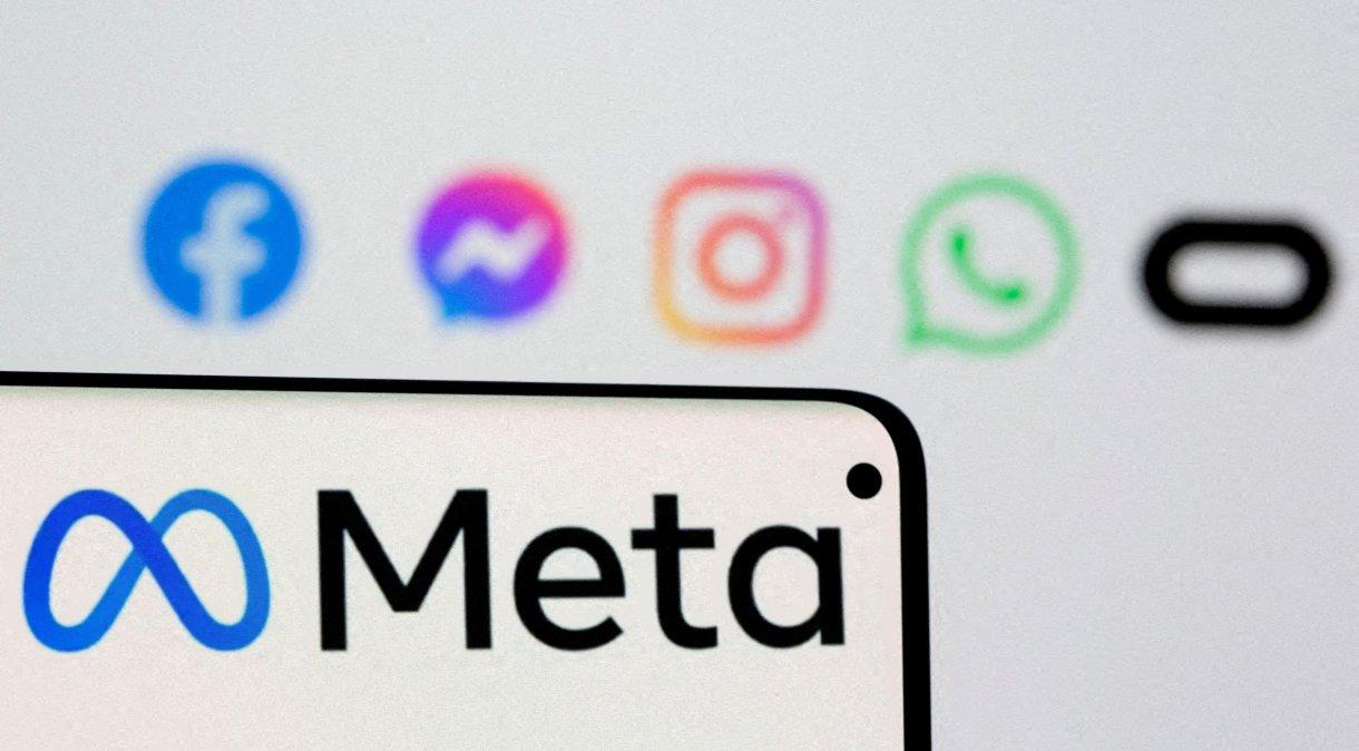 Logo da Meta com os logotipos de Facebook, Messenger, Instagram, WhatsApp e Oculus