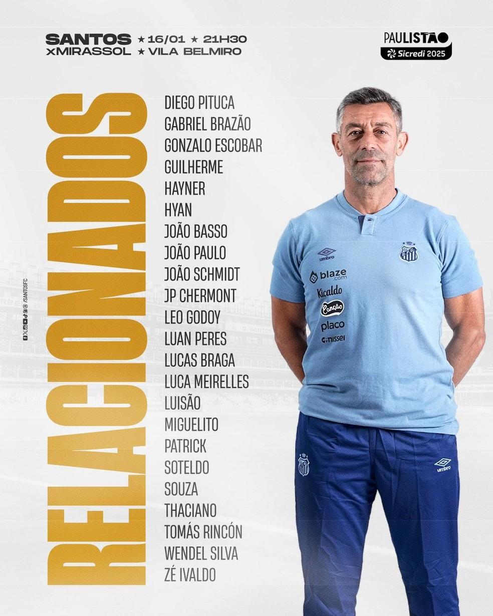 Relacionados do Santos para enfrentar o Mirassol