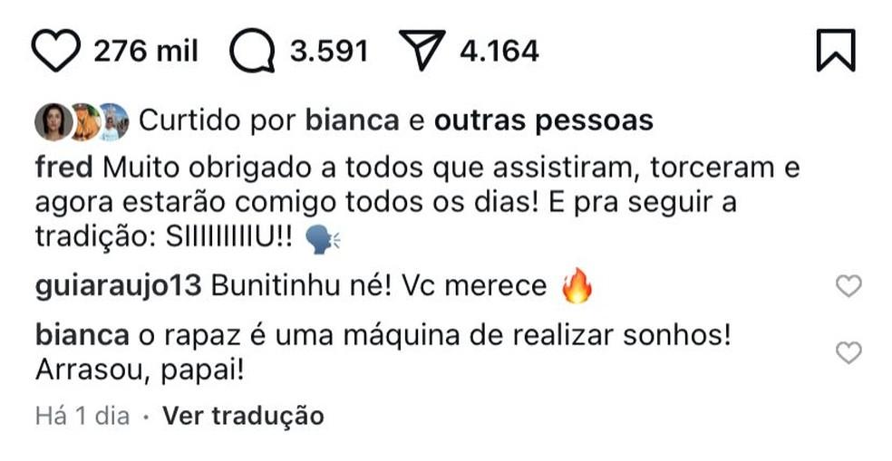 Bianca Andrade elogia Fred Bruno