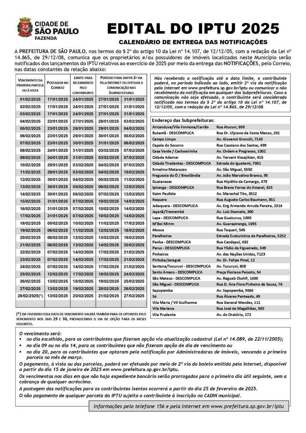 Calendário do IPTU 2025 para a cidade de São Paulo