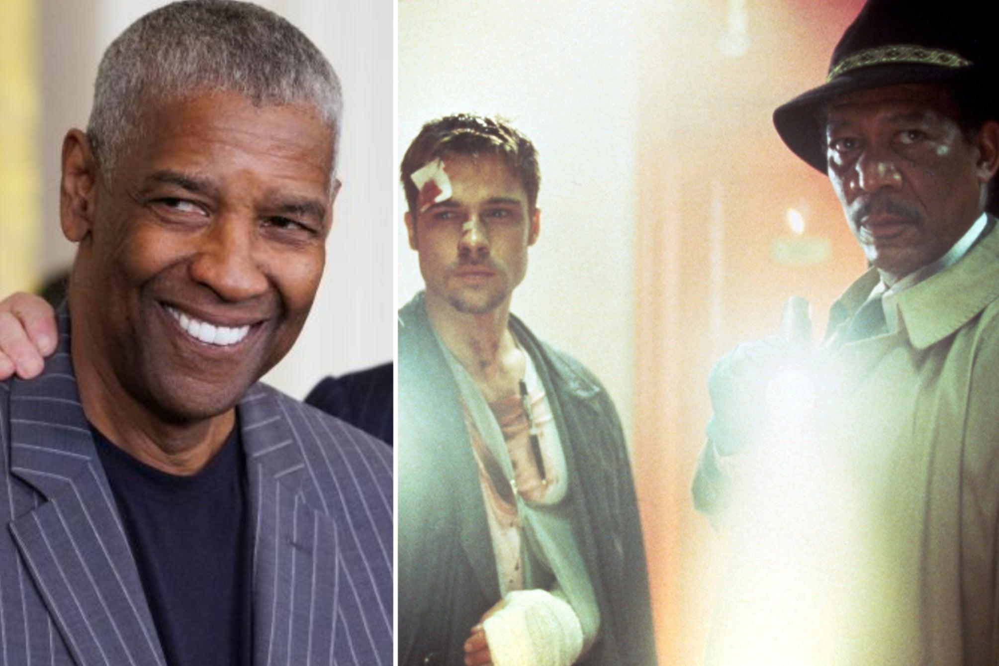 Denzel Washington com Brad Pitt e Morgan Freeman em Se7en.